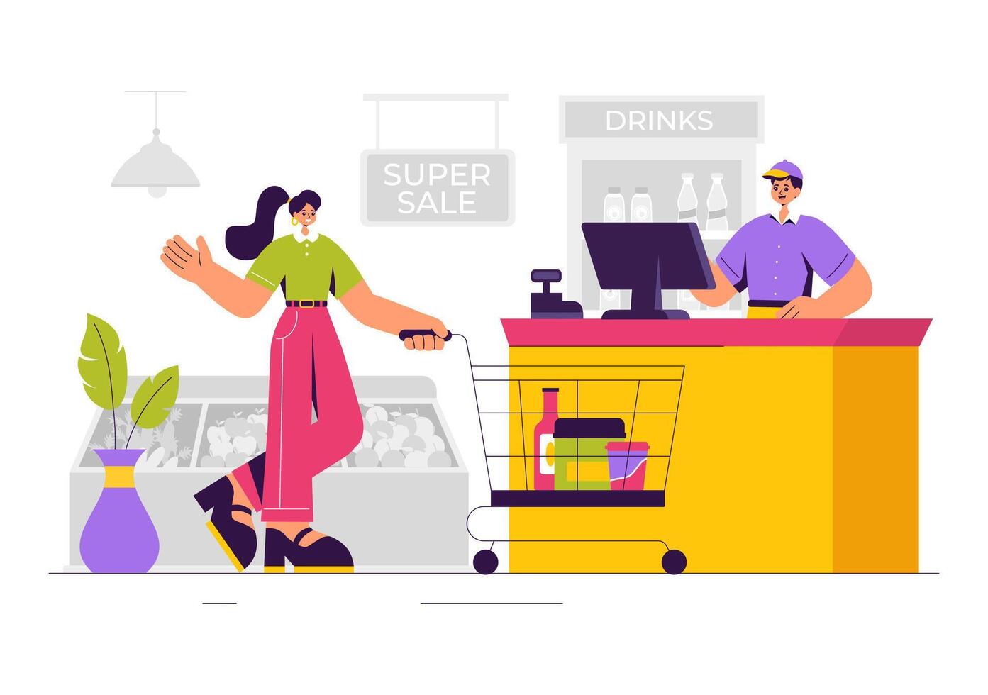 Flat Style of Grocery Shelf Display with Foods and Products for Shopping vector