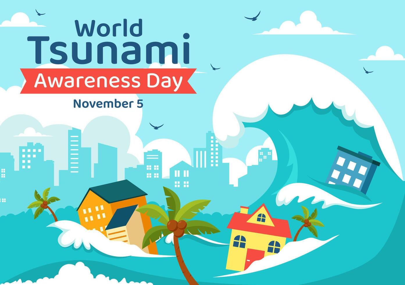 Illustration for Tsunami Awareness Day Showing Powerful Waves and Coastal Town on November 5 vector