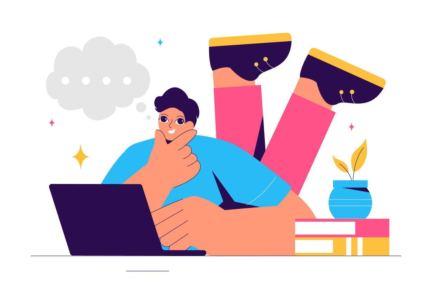 Daydreaming People with Thought Bubbles in a Flat Cartoon Illustration vector