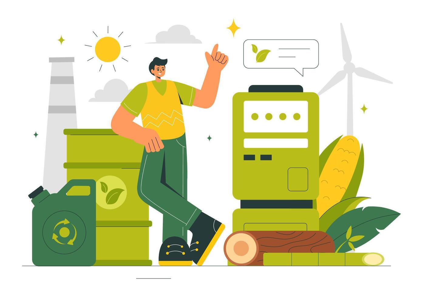 Eco-Friendly Biofuel and Biogas Production Process Using Plant Materials in a Cartoon Background vector