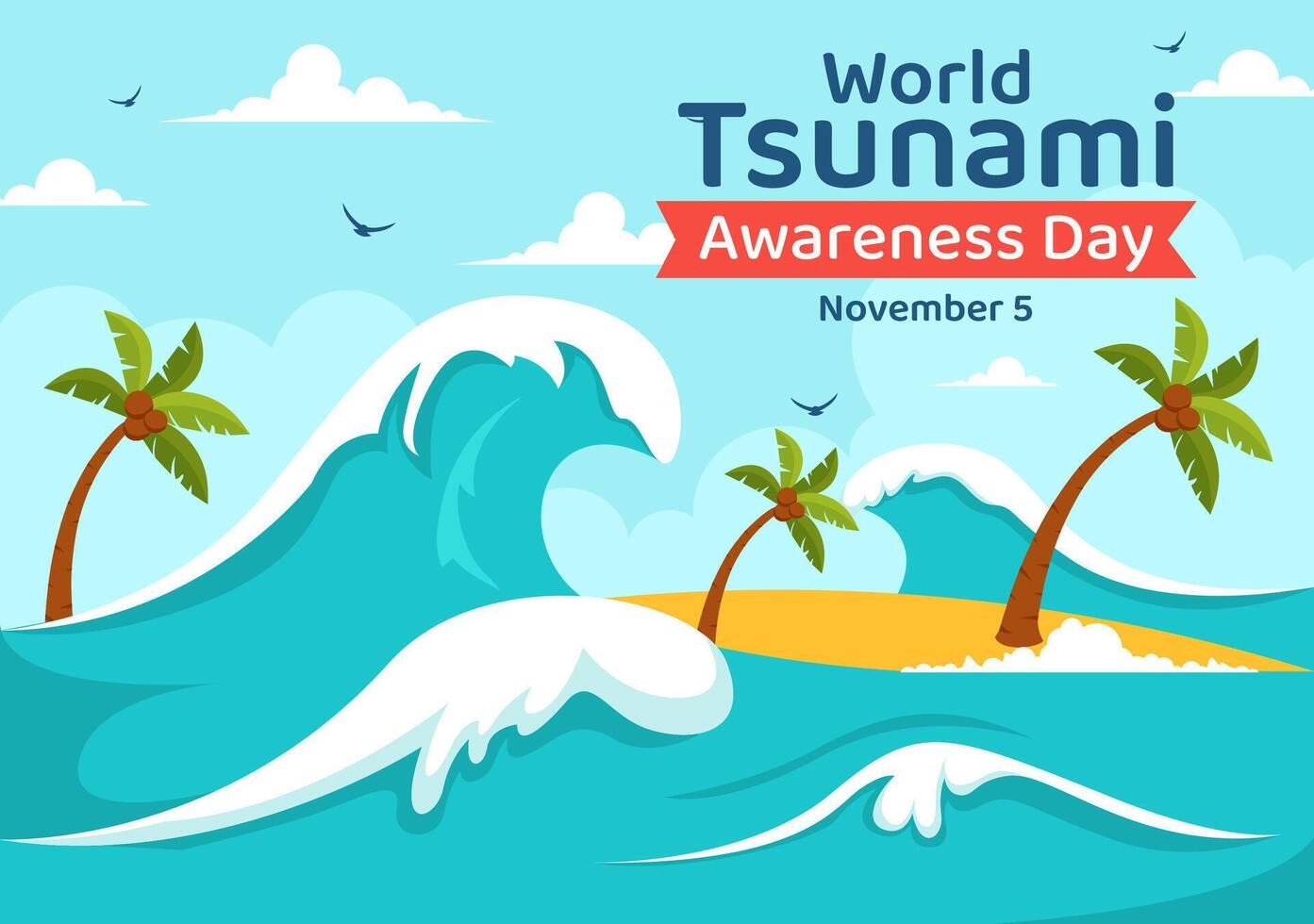 Ocean Wave Illustration for Tsunami Awareness Day on November 5 with City and Nature in Cartoon Background vector