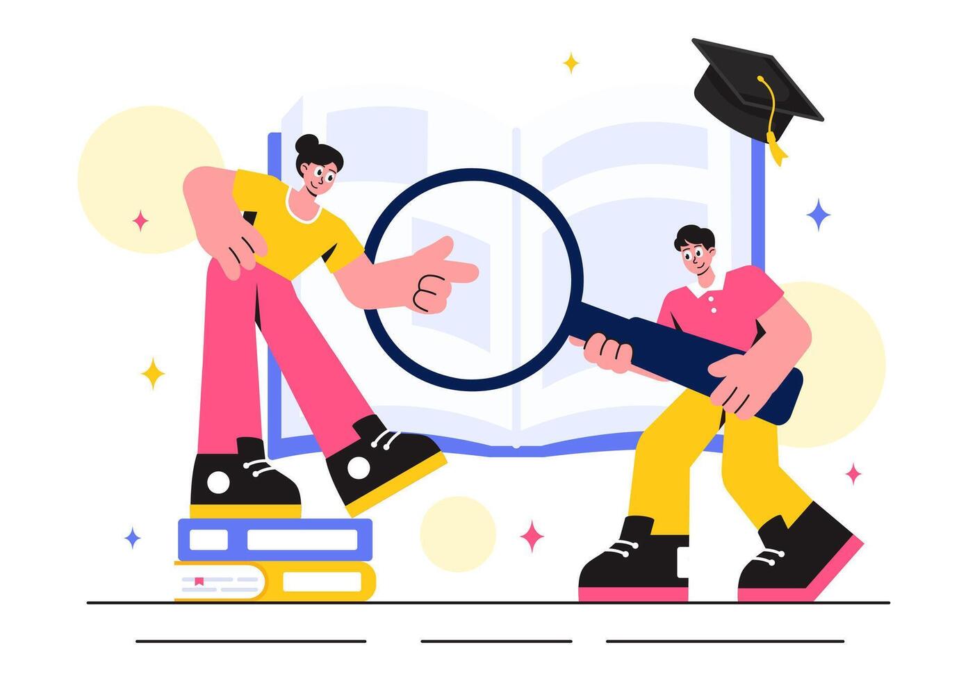 Books and Learning Tools Illustration Featuring People and School Items in Flat Style vector