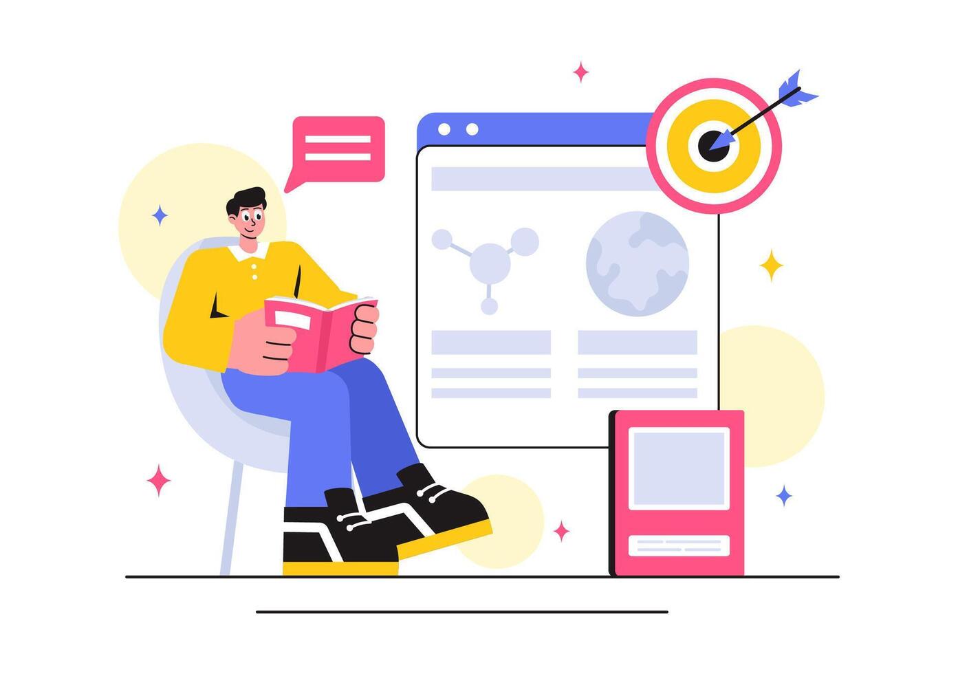 School Books and Learning Tools Illustration Featuring People Studying in a Cartoon Style vector