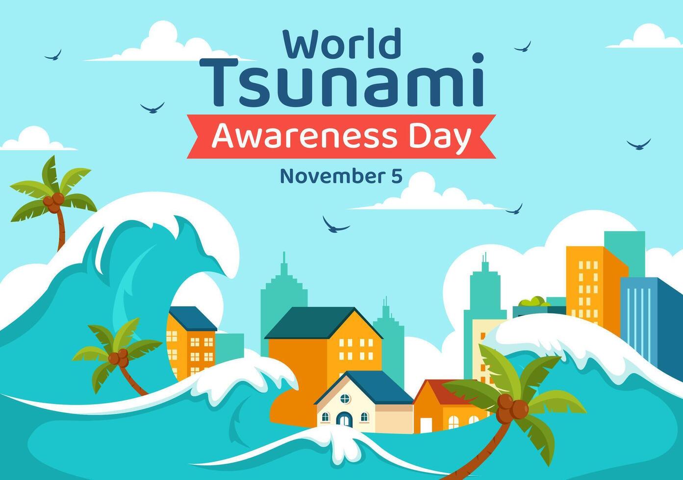 November 5 Tsunami Awareness Illustration of Ocean Waves and Coastal Houses in Flat Cartoon Style vector