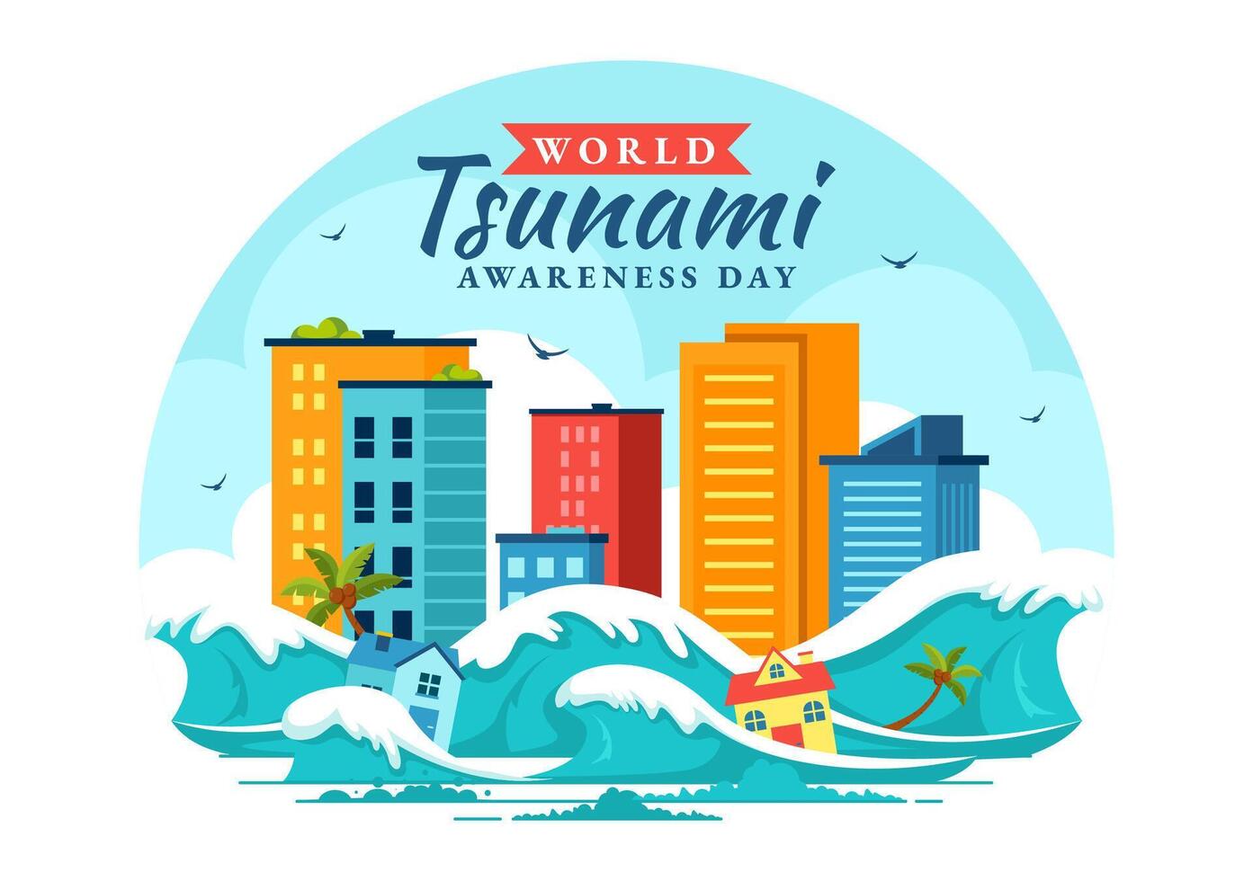 Tsunami Awareness Day on November 5 with Devastating Ocean Waves Hitting the Coastline in Flat Background vector