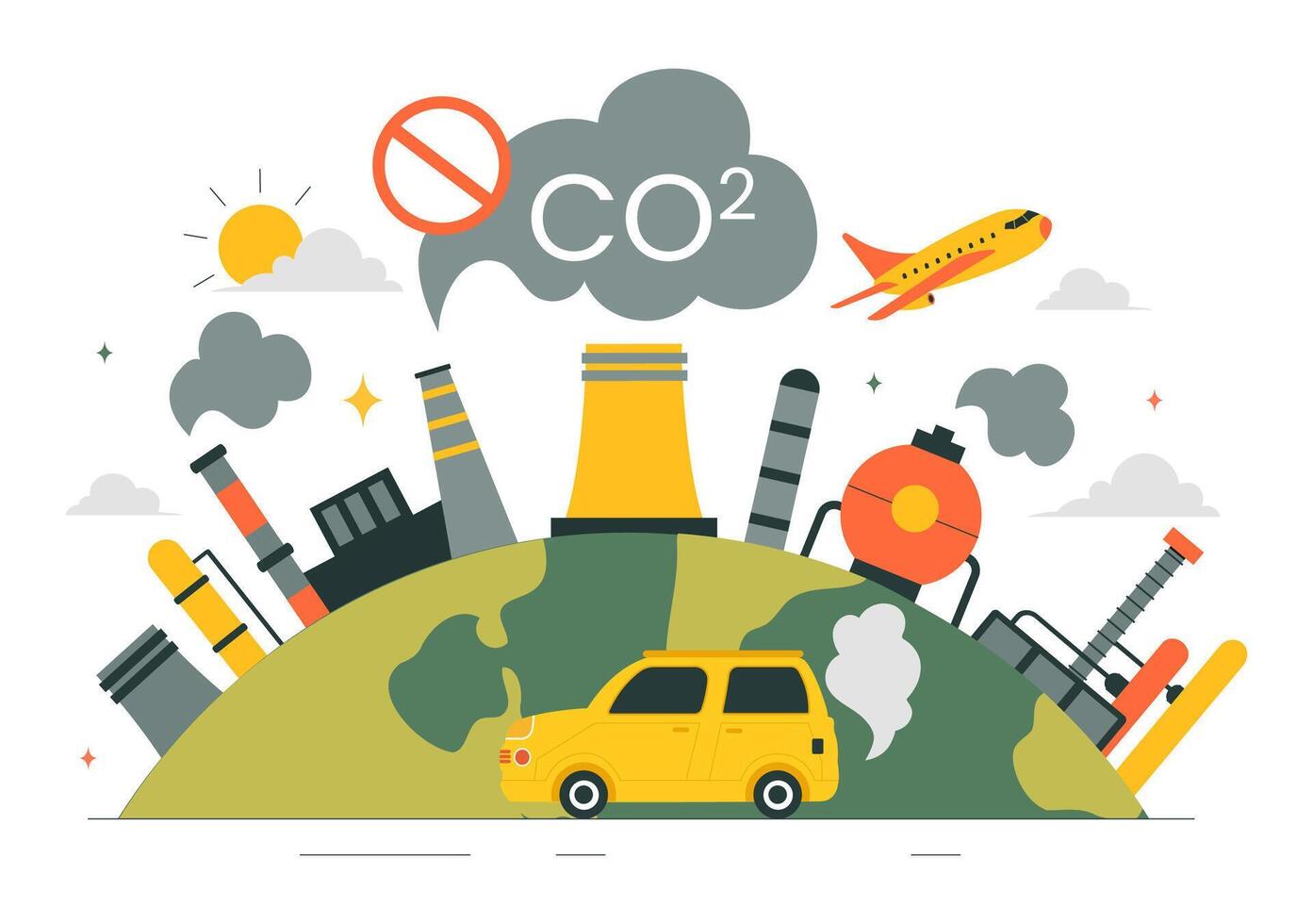 Global Warming and CO2 Emissions Illustration Depicting Industrial and Automobile Pollution vector