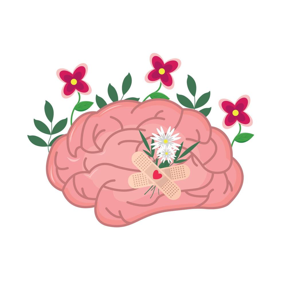 Healthy human brain with flowers. vector