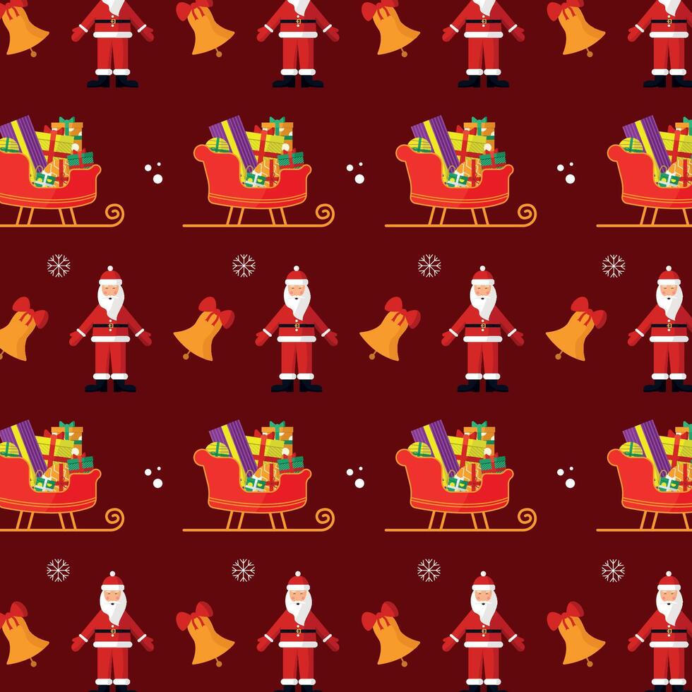 Seamless pattern with Santa Claus, sleigh and gifts. vector
