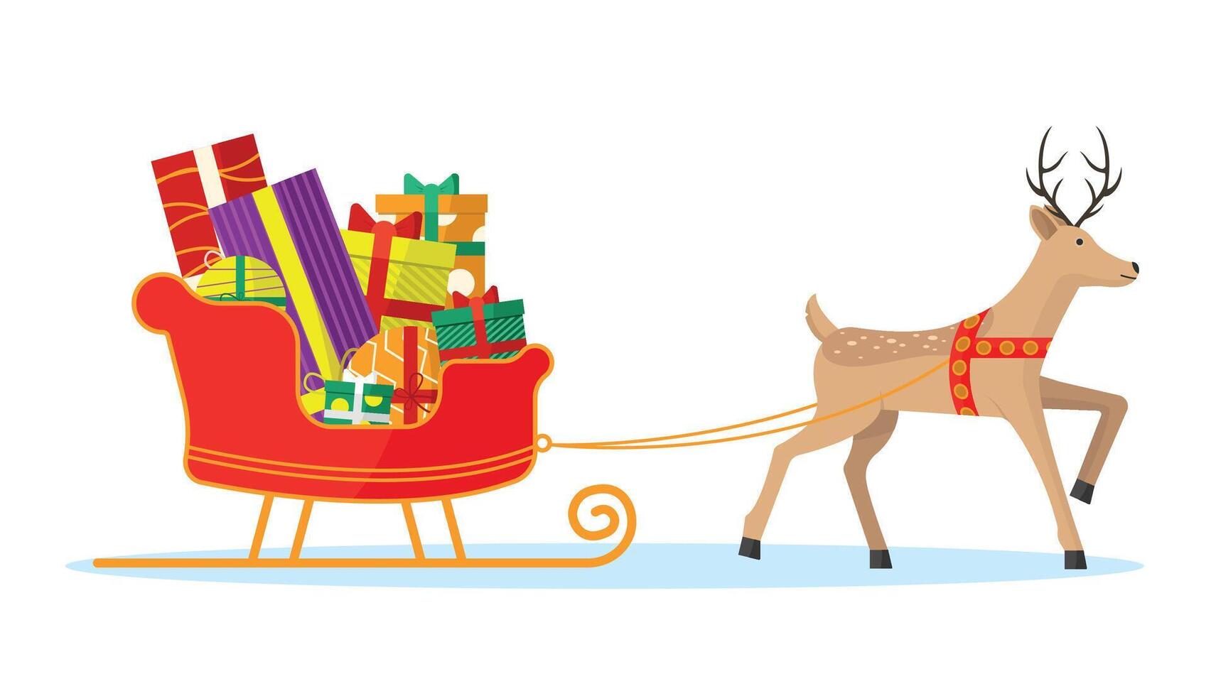 A reindeer in a harness pulls a sleigh with a large number of different gifts. vector