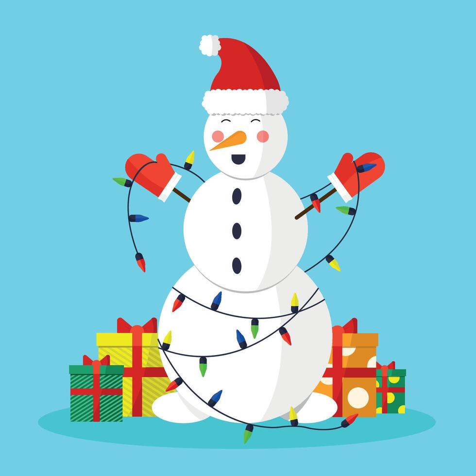 Snowman with gifts got tangled in garland. vector