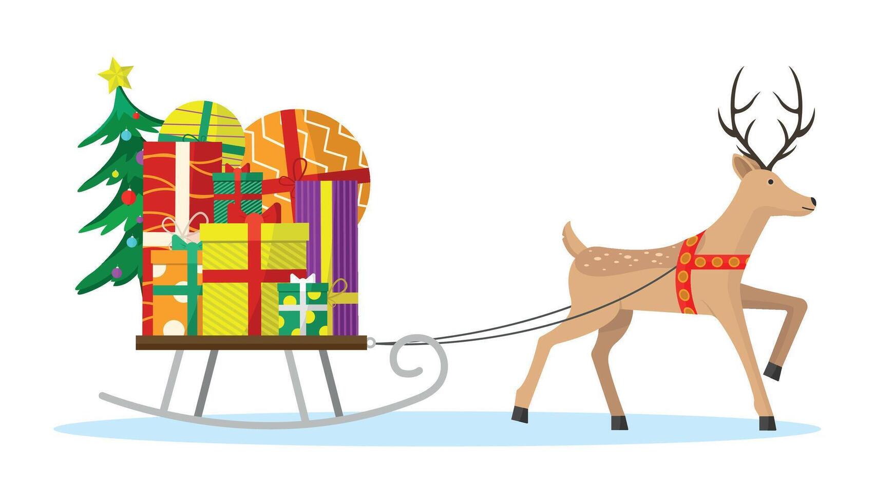 A reindeer pulls a sleigh with gifts. vector