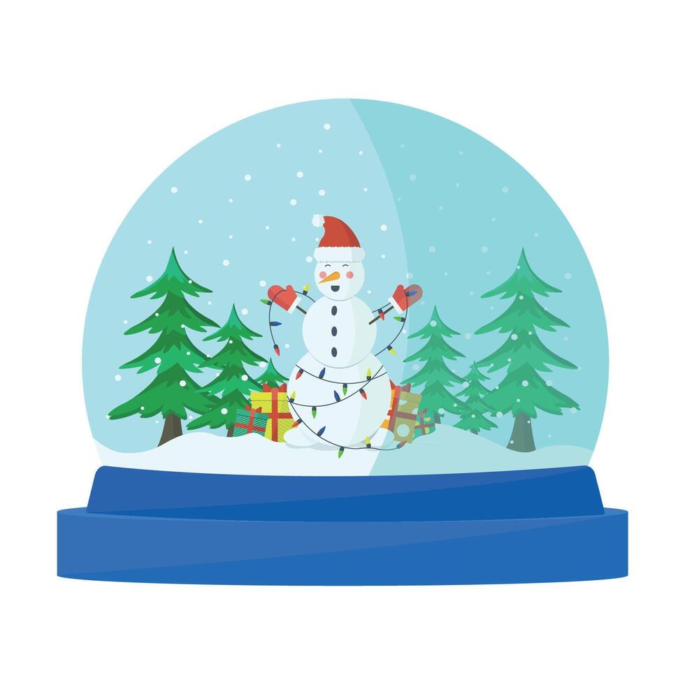 Snowman stands in a garland and with gifts in a snow globe. vector