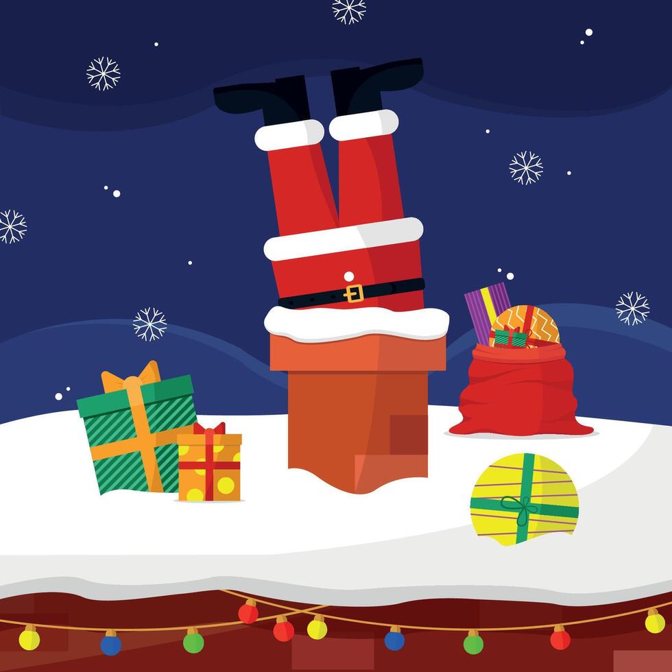 Santa Claus lowers presents into the house through the chimney. vector
