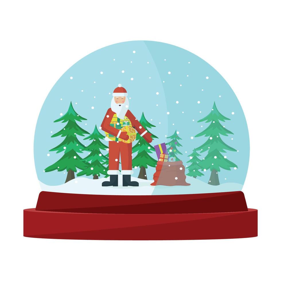 Santa Claus with a sack of gifts among fir trees in a snow globe. vector