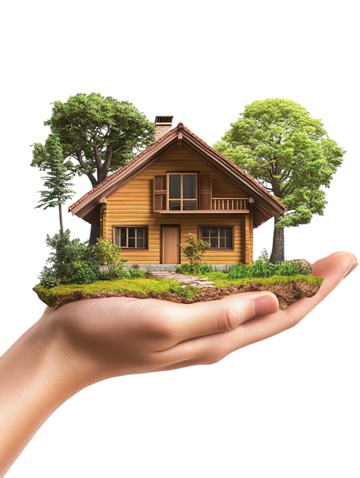 A hand holding a small house on top of a palm png