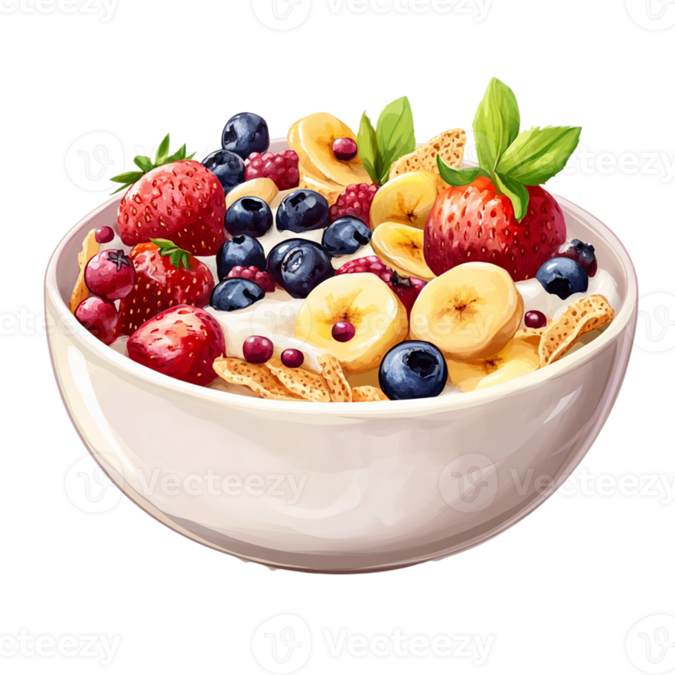 A bowl of cereal with berries and bananas png