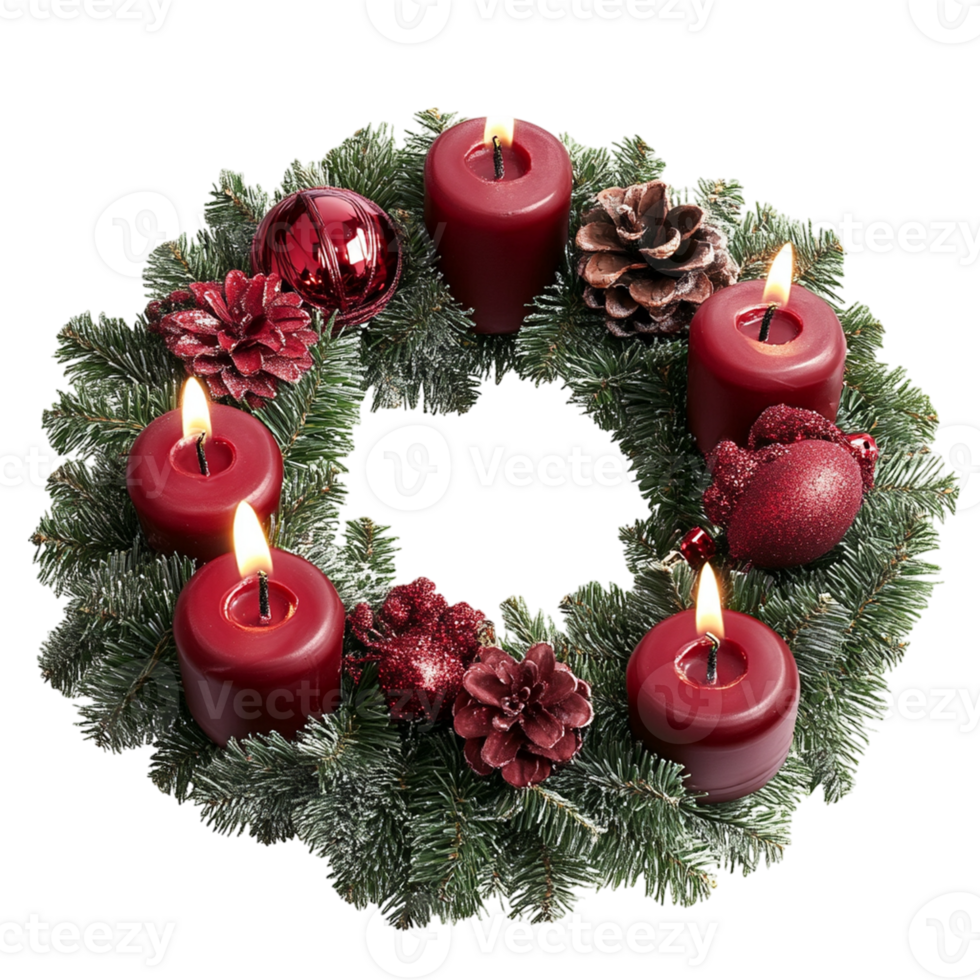 A wreath with red candles and pine cones png