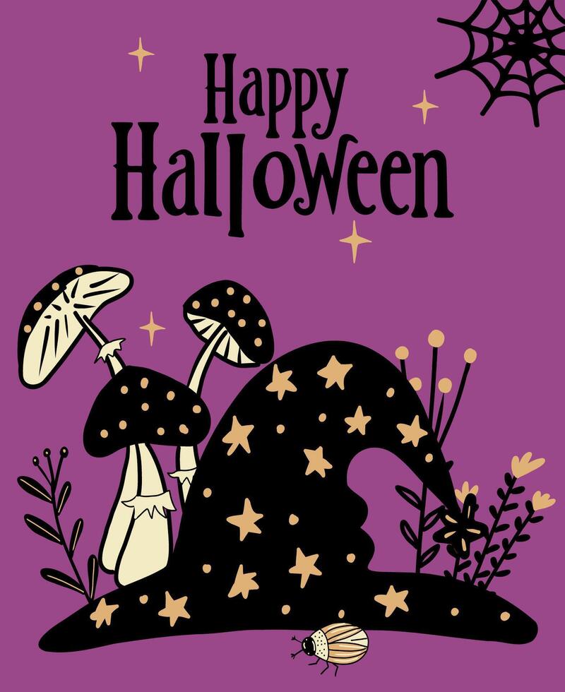 Halloween greeting card with hand drawn witches hat. vector