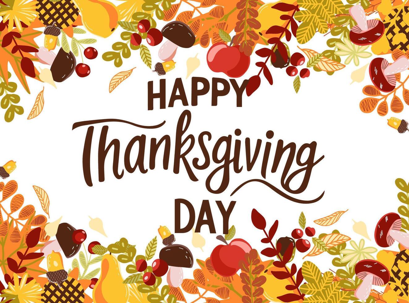 Thanksgiving Day decorative banner with fall leaves and fruits. vector