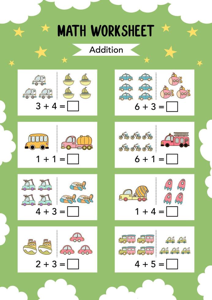 Math addition Worksheet educational how many activities for children on green background. Learning addition, subtraction. Preschool printable worksheet activity, count and write the result. vector