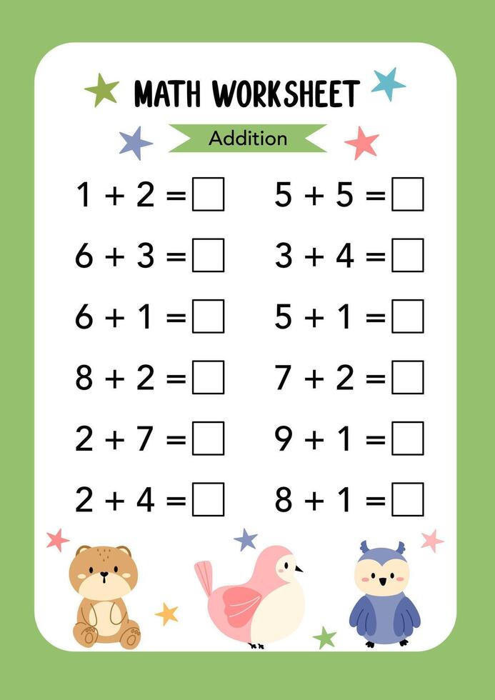 Math addition Worksheet educational how many activities for children on green background. Learning addition, subtraction. Preschool printable worksheet activity, count and write the result. vector