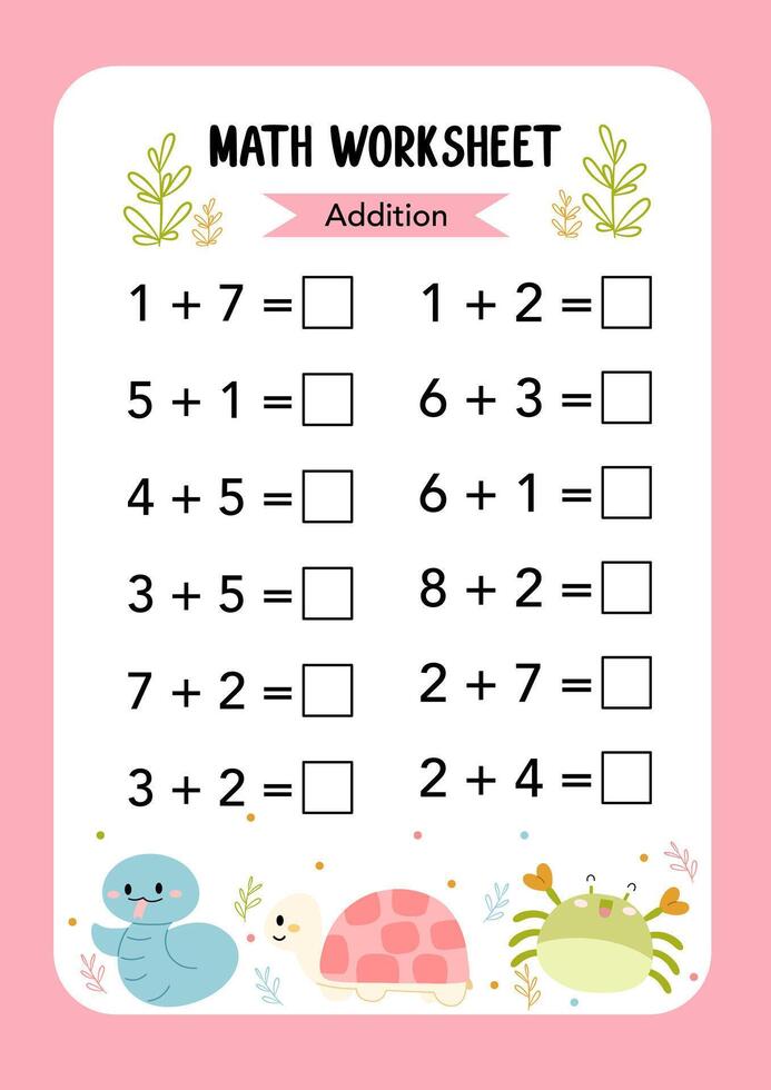 Math addition Worksheet education activities for children on pink background. Learning addition, subtraction. Preschool printable worksheet activity, count and write the result. vector