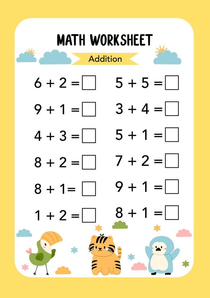 Math addition Worksheet educational how many activities for children on yellow background. Learning addition, subtraction. Preschool printable worksheet activity, count and write the result. vector