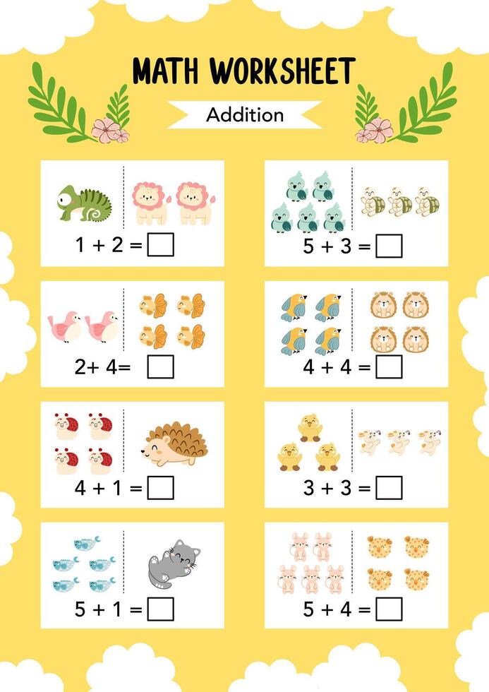 Math addition Worksheet educational how many activities for children on yellow background. Learning addition, subtraction. Preschool printable worksheet activity, count and write the result. vector