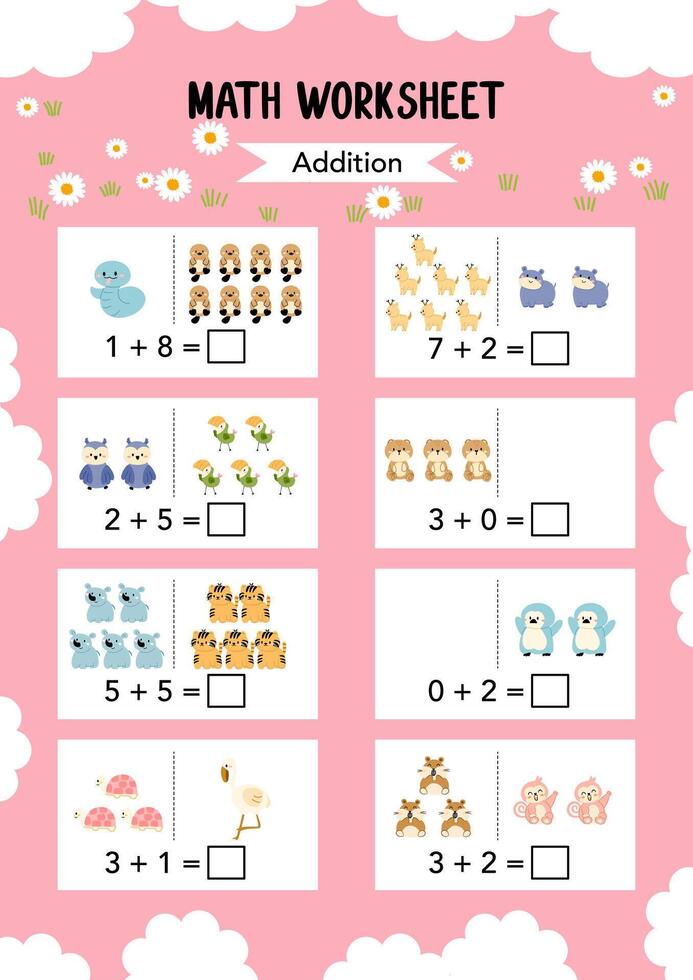 Math addition Worksheet education activities for children on pink background. Learning addition, subtraction. Preschool printable worksheet activity, count and write the result. vector