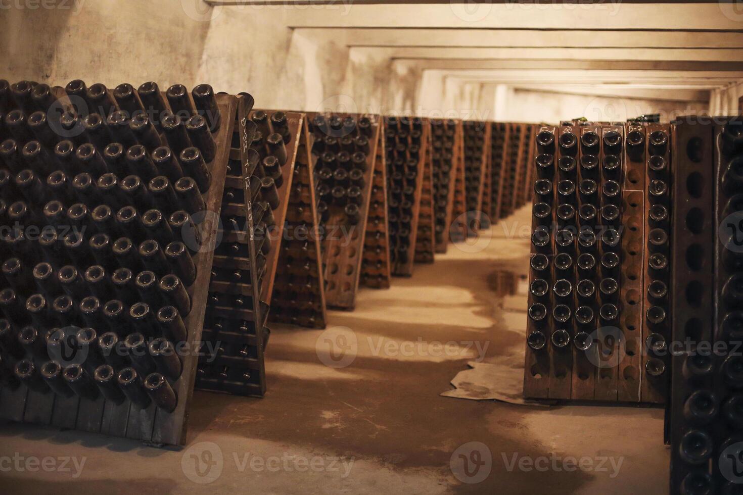 Sparkling wine glass bottles in winery photo