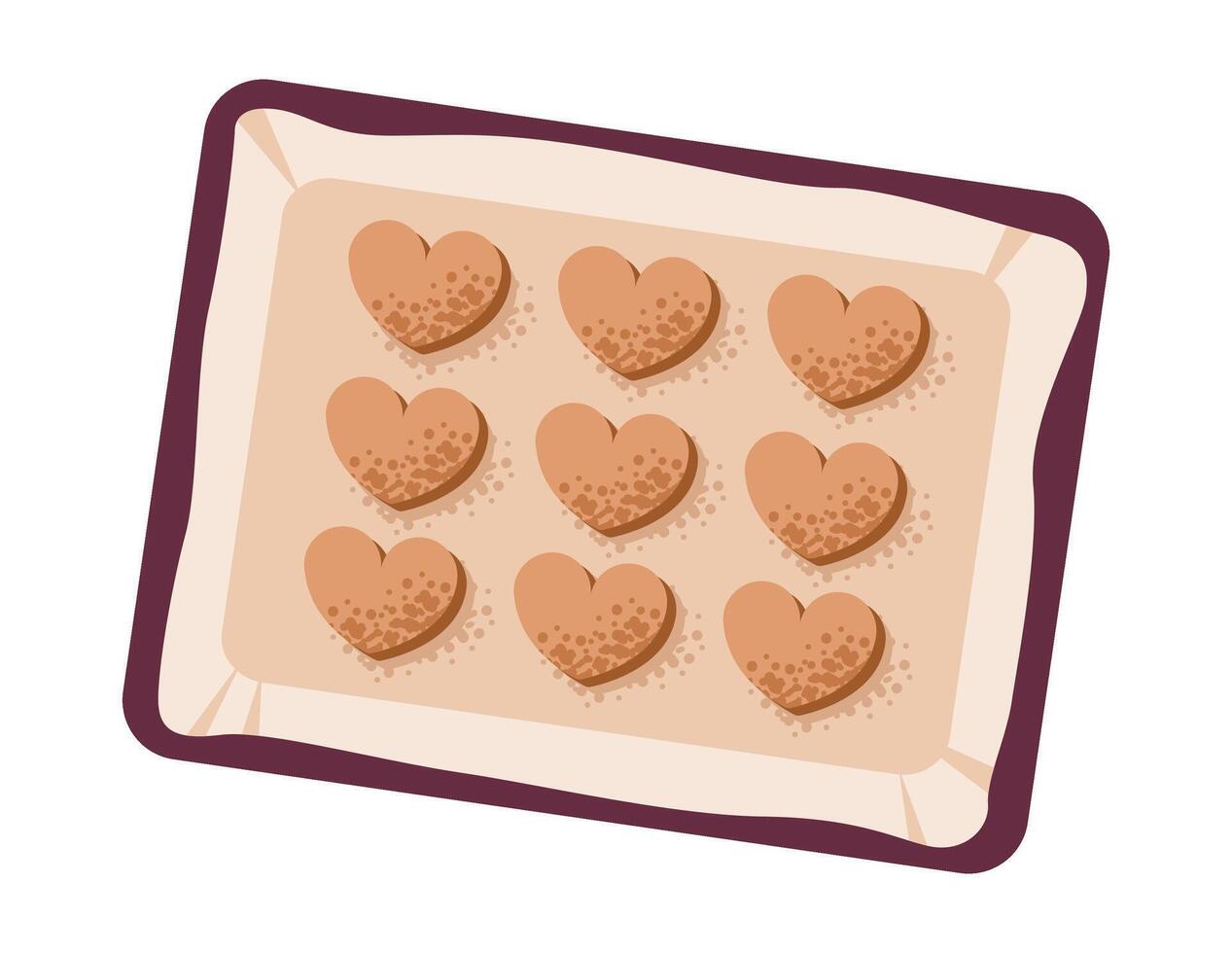 Heart shaped cookies on a baking sheet. Baking tray with homemade baked goods. Flat illustration vector