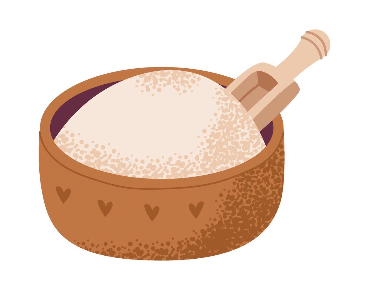 Cup with flour and spatula isolated on white background. Baking ingredient. Flat illustration vector