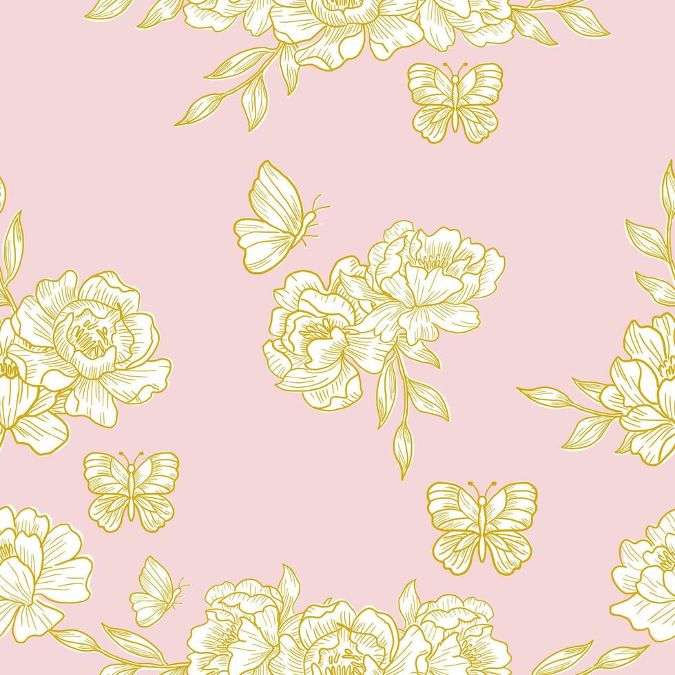 Hand Drawn Peony and Butterfly Seamless Pattern vector