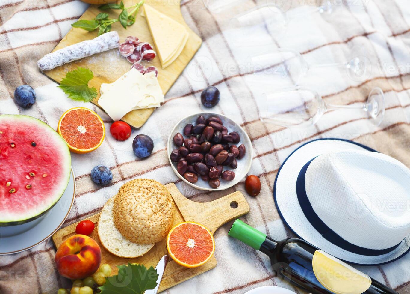 Top view summer garden picnic. Summer party photo