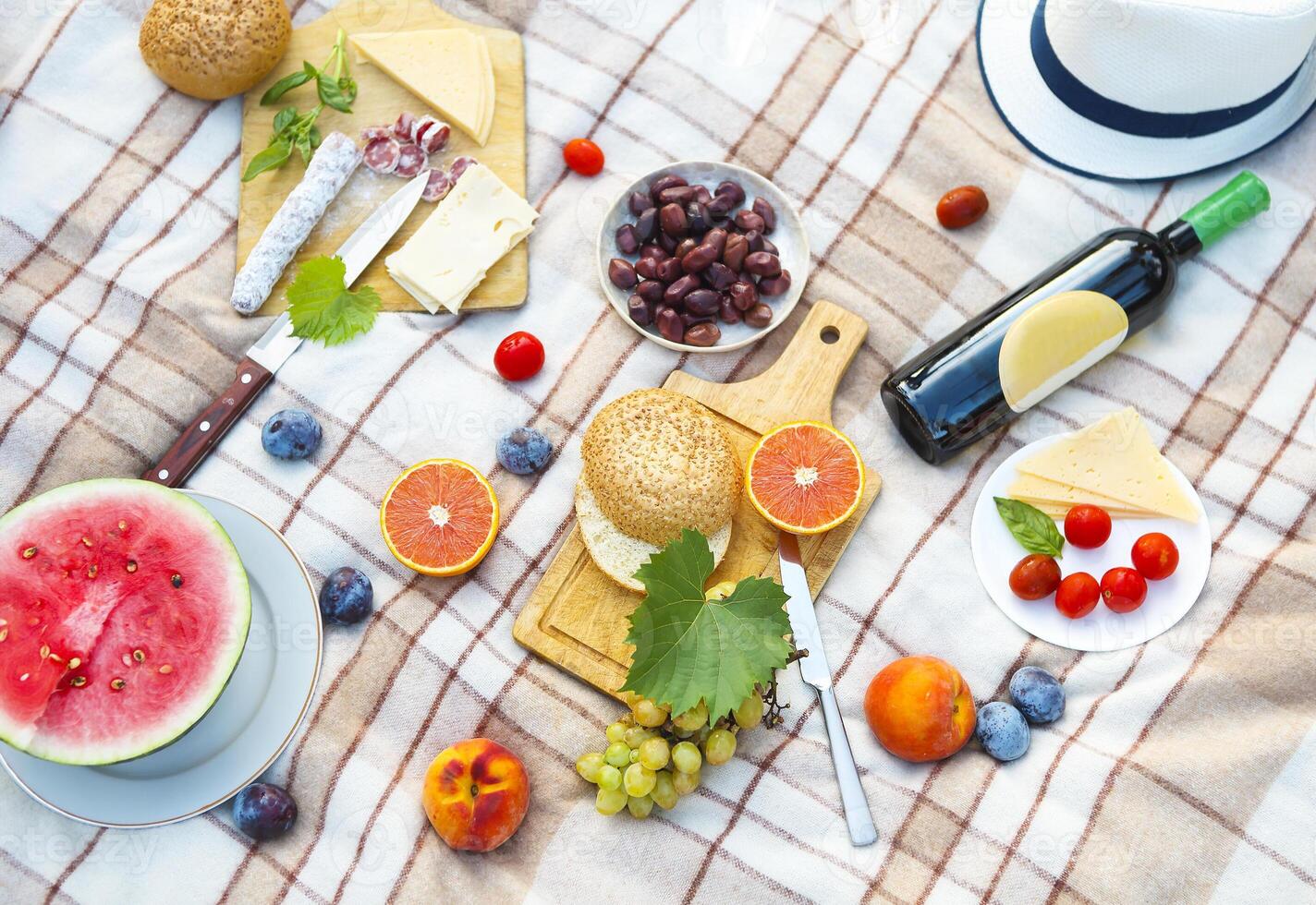 Top view summer garden picnic. Summer party photo