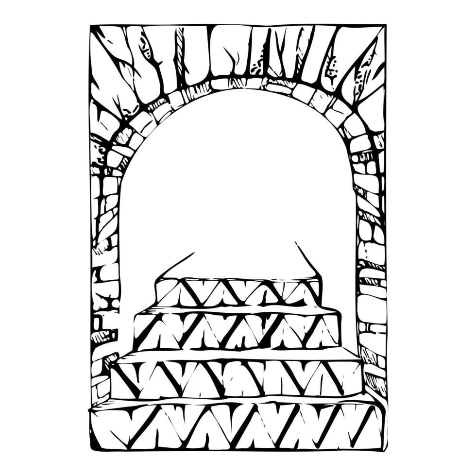 Patio garden arch opening portal with geometric azulejo wall tiles and stairs steps, architectural interior mosaic. Hand drawn ink illustration. Isolated single element. Travel, home yard decor vector