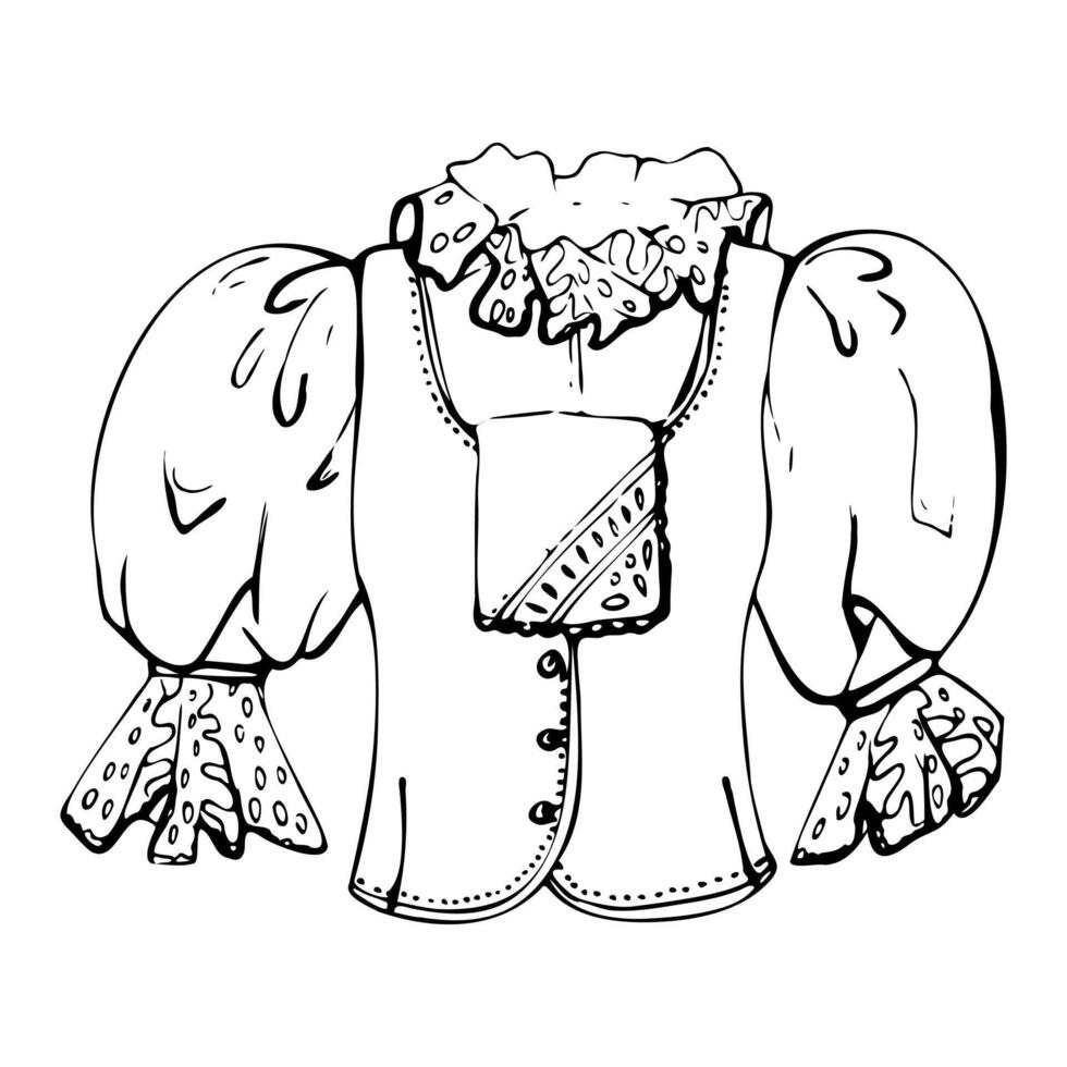 Traditional dress blouse vest of Tyrol Alps, South American female fashion, puff sleeves floral lace embroidery. Hand drawn ink isolated illustration for tailor atelier, clothes shop boutique vector