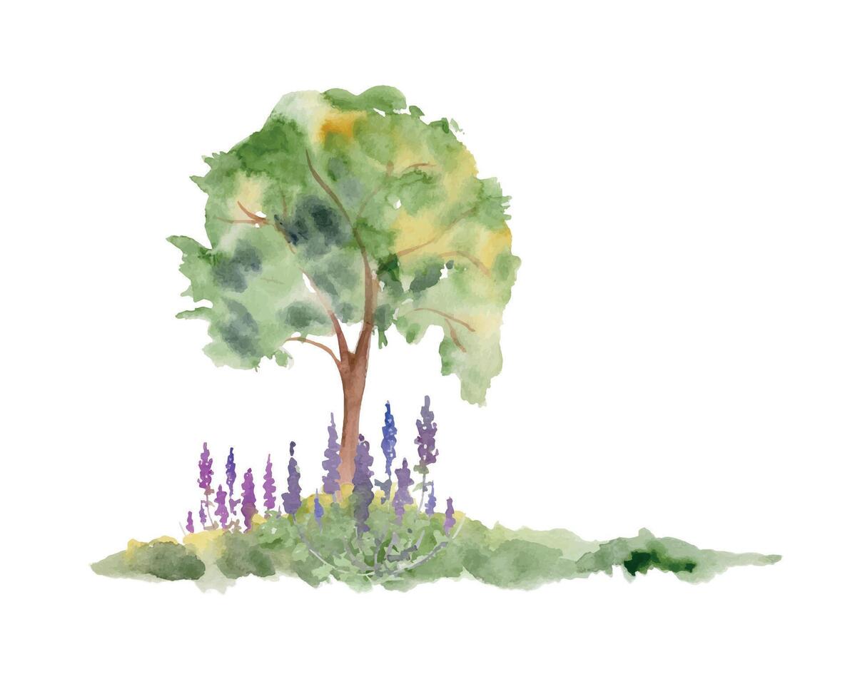 Scenery landscape of lush green foliage tree, northern forest meadow hills, purple flowers bushes, watercolor hand drawn. Illustration for tourism maps, resort ads, hiking camping sites, vacation. vector