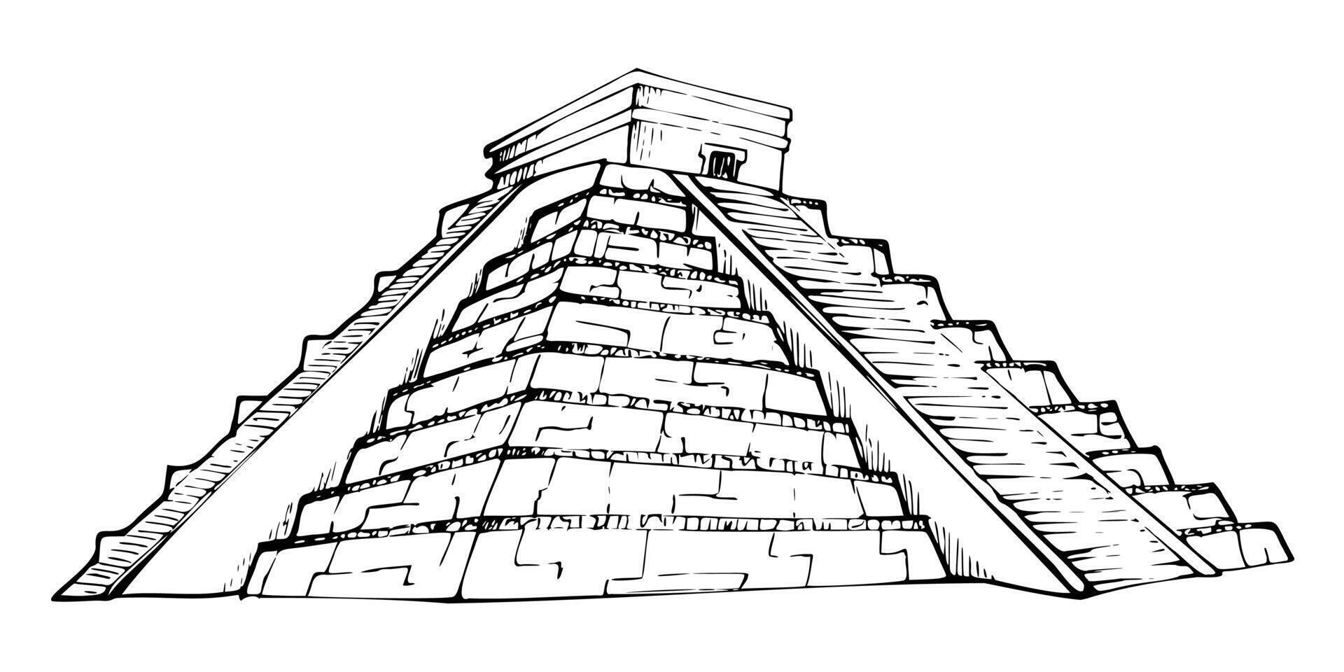 Mesoamerica Aztec Inca Egyptian ancient monument, pyramid ruins heritage site, archaeology sightseeing. Isolated single object. Hand drawn ink illustration for travel brochure, vacation tours vector
