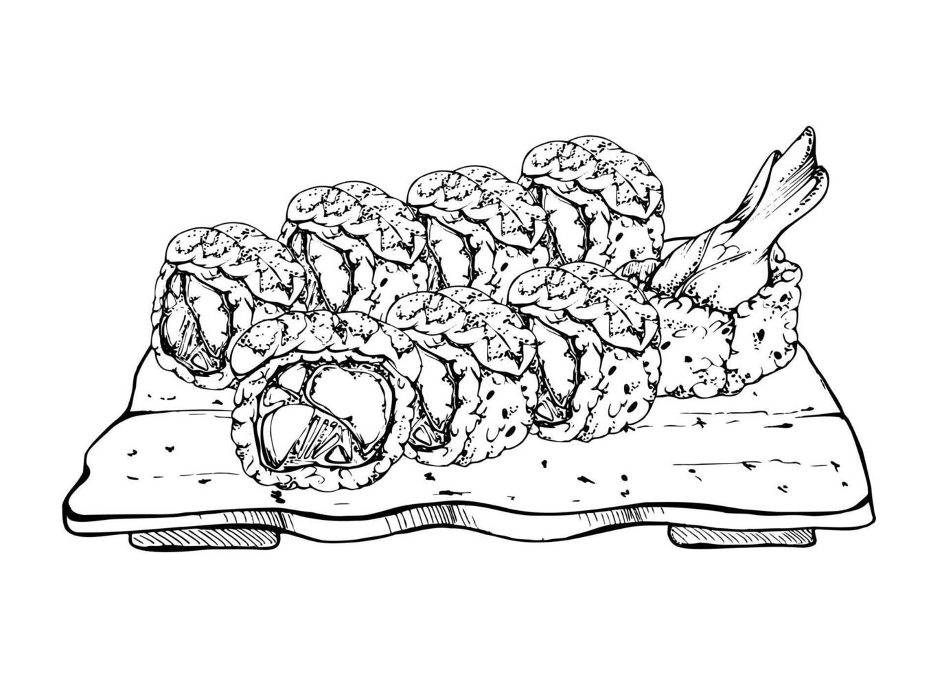 Japanese food sushi roll set served on ceramic plate with raw fish shrimp prawn tempura, sesame avocado daikon, hand drawn in pen and ink. Illustration for restaurant, cafe menu, recipe book vector
