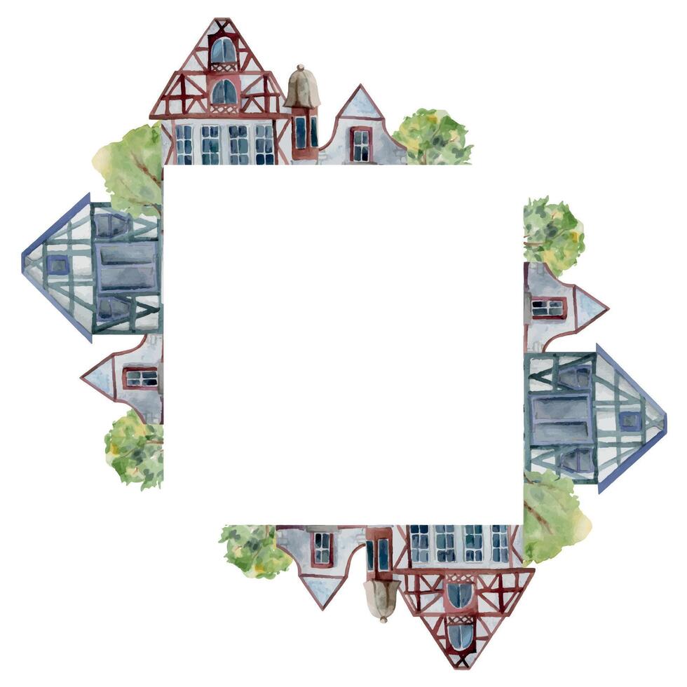 Old European city town street houses, urban exterior facades. Historical cityscape building. Watercolor hand drawn border frame. For tourist shops, souvenirs, travel brochures, architectural bureau vector