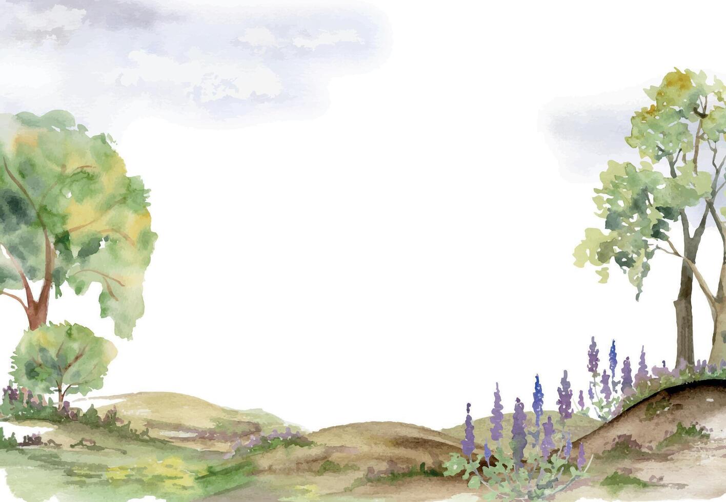 Scenery landscape of forest meadow rolling hills moorland, bushes flowers, lush green foliage tree, hand drawn in watercolor. Seamless banner for tourism, resort ads, hiking camping sites, vacation. vector