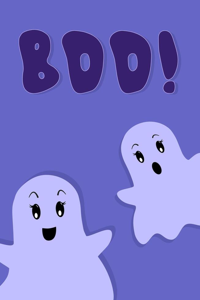 Boo Text and Cute Halloween Ghosts on Blue Background. Poster with Lettering. Poster, Greeting Card or Invitation on Halloween Party. Flat Cartoon style. vector