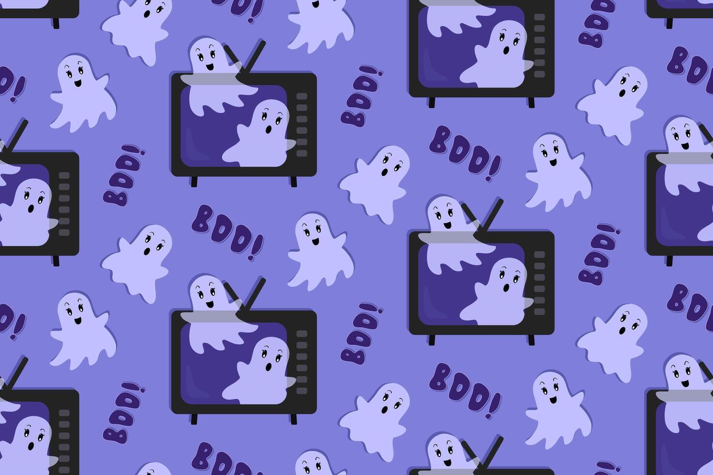 Cute Ghosts Flying out of a TV. Halloween Seamless Pattern. Boo Text. Flat Cartoon style. Blue and Violet Background. Halloween Swatch for wrapping paper, wallpaper or fabric vector