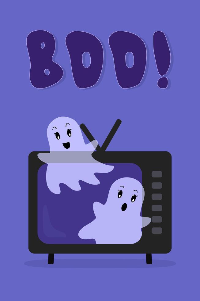 Halloween Poster with Cute Ghosts Flying out of a TV. Boo text Lettering. Greeting Card or Invitation in Flat Cartoon style. vector