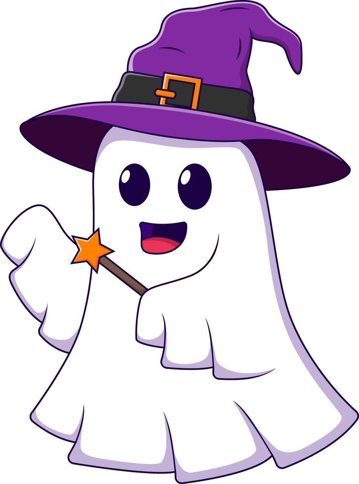 Happy ghost cartoon wearing witch hat holding magic wand vector