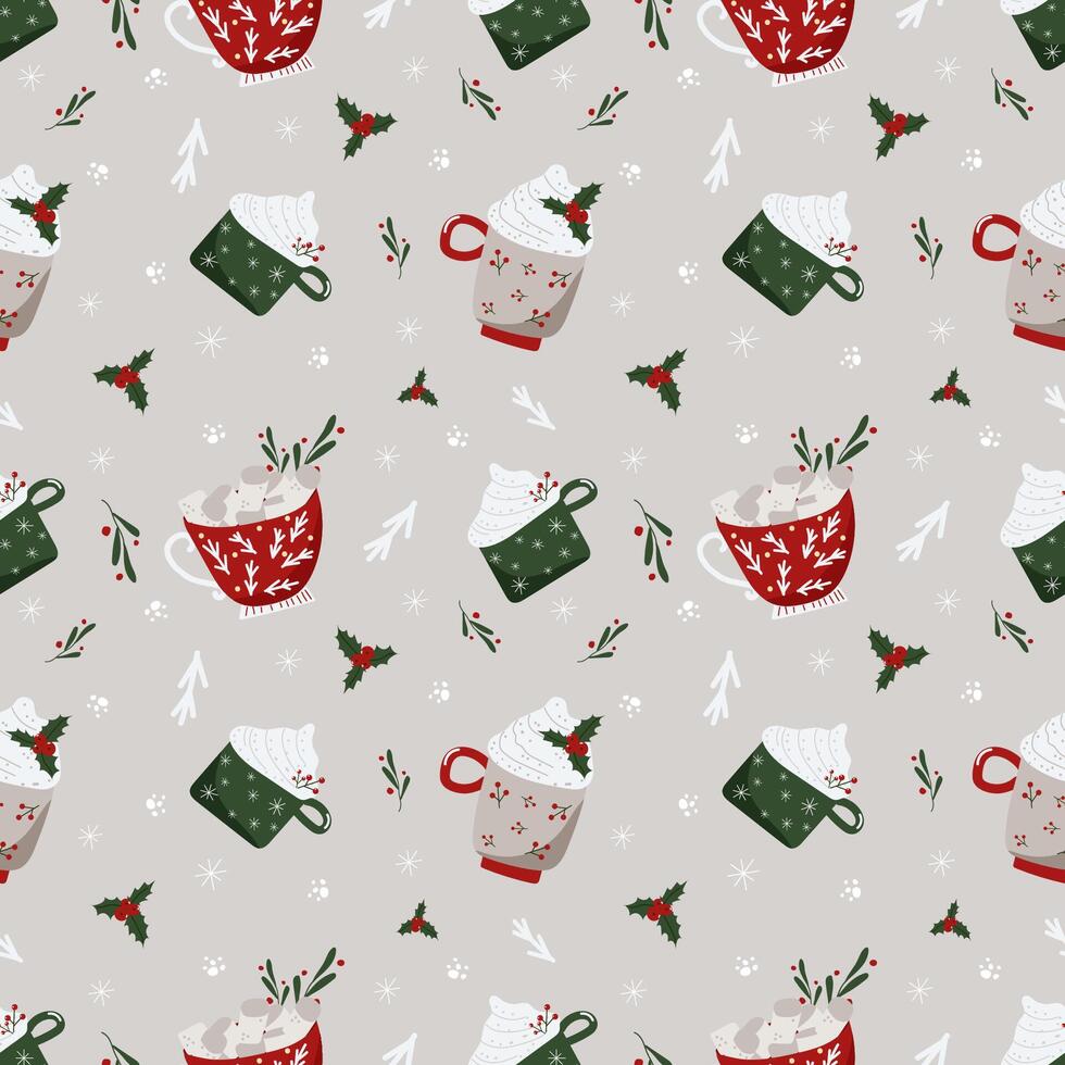 Christmas, New Year cups with warm drinks, cacao with marshmallow, whipped cream, decorations, holly berries, snowflakes, hand drawn craft seamless pattern. vector