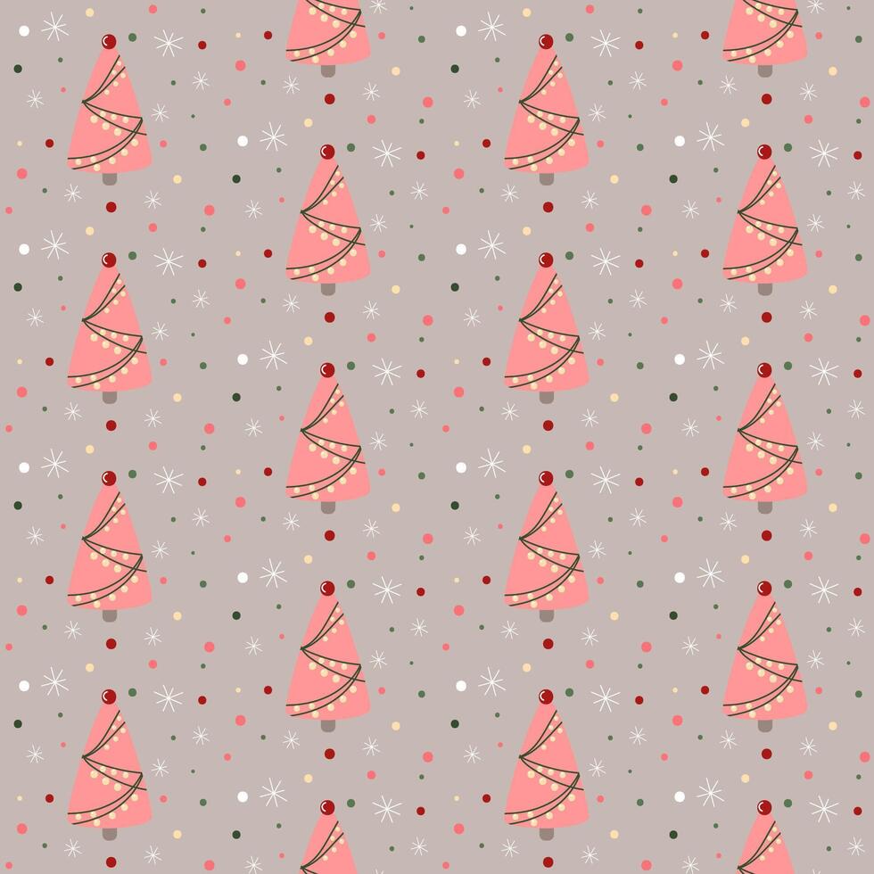 Unusual pink Christmas noel tree with garland, balls and snowflakes hand drawn craft seamless pattern. vector