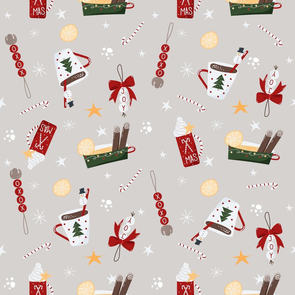 Christmas, New Year cups with warm drinks and diy decorations, candy sticks, snowflakes, stars, hand drawn craft seamless pattern. vector