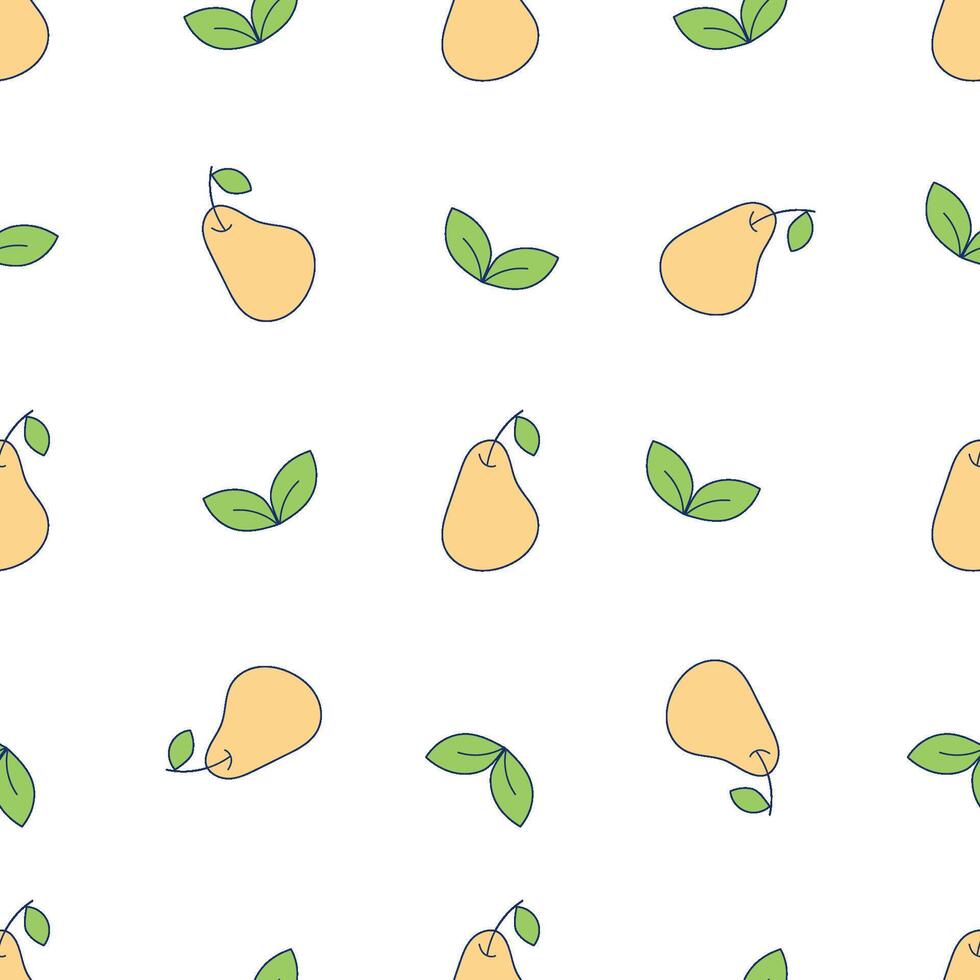 Seamless pattern with yellow pears and green leaves. Botanical Doodle Background vector